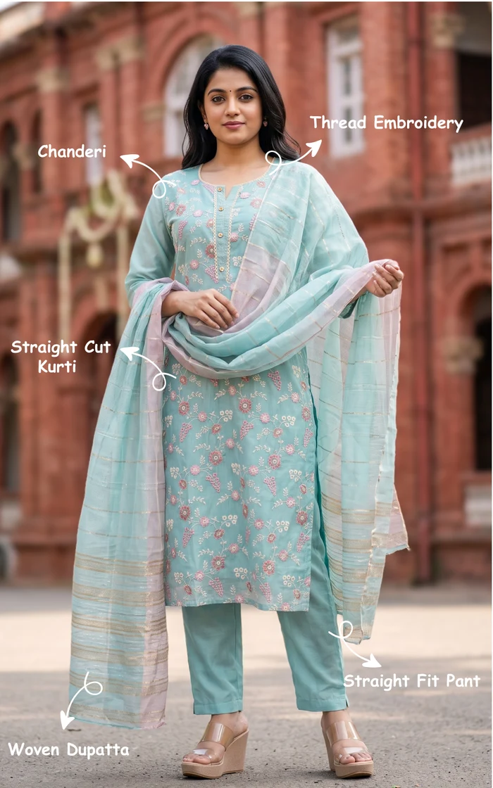 Pastel Blue Floral Embroidered Straight Kurta set